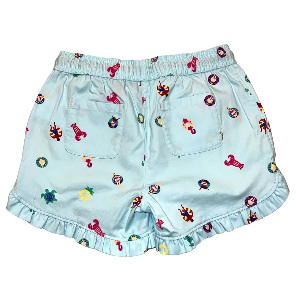 Lands End Girls Swim Shorts Beach Print Cotton Summer Light Blue Medium